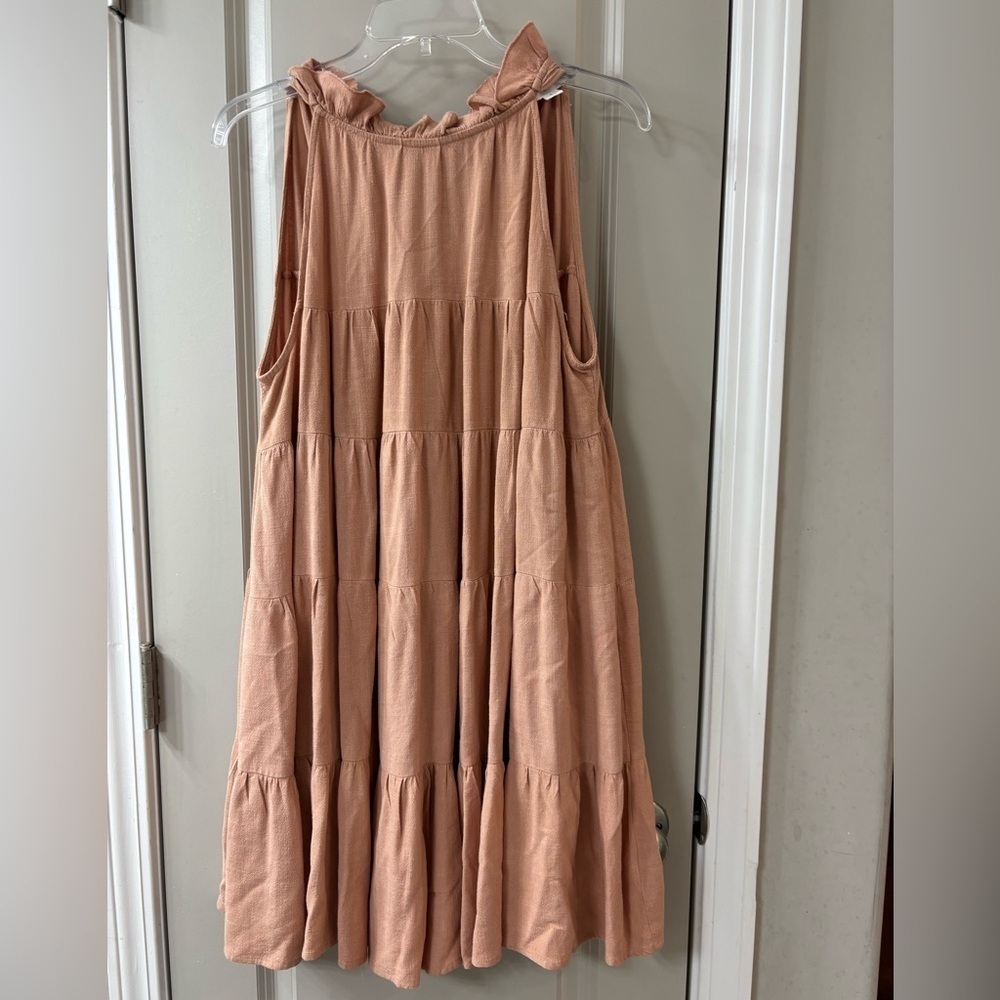 Ruffled Neck Tiered Mini Dress in Peach